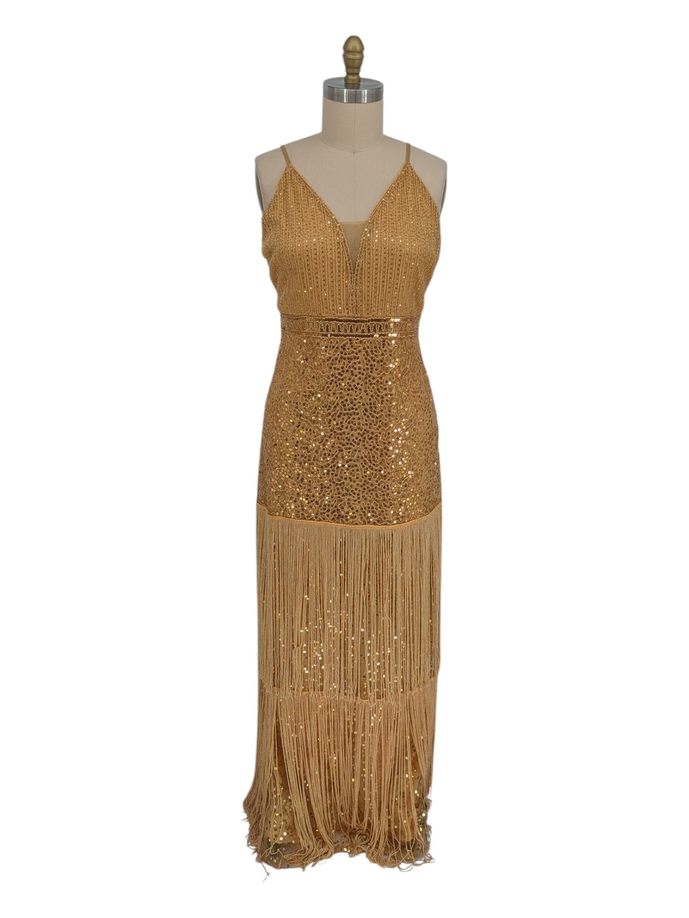 11460 NEW Babeyond Sequin Fringed Maxi Dress Gold size XLarge party evening glam